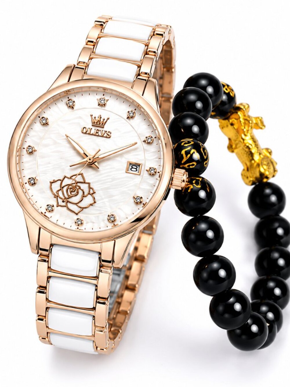 WA-19--OLEVS 3606 Ladies Rose Gold White Luxury Quartz Watch + Black Beaded Brac